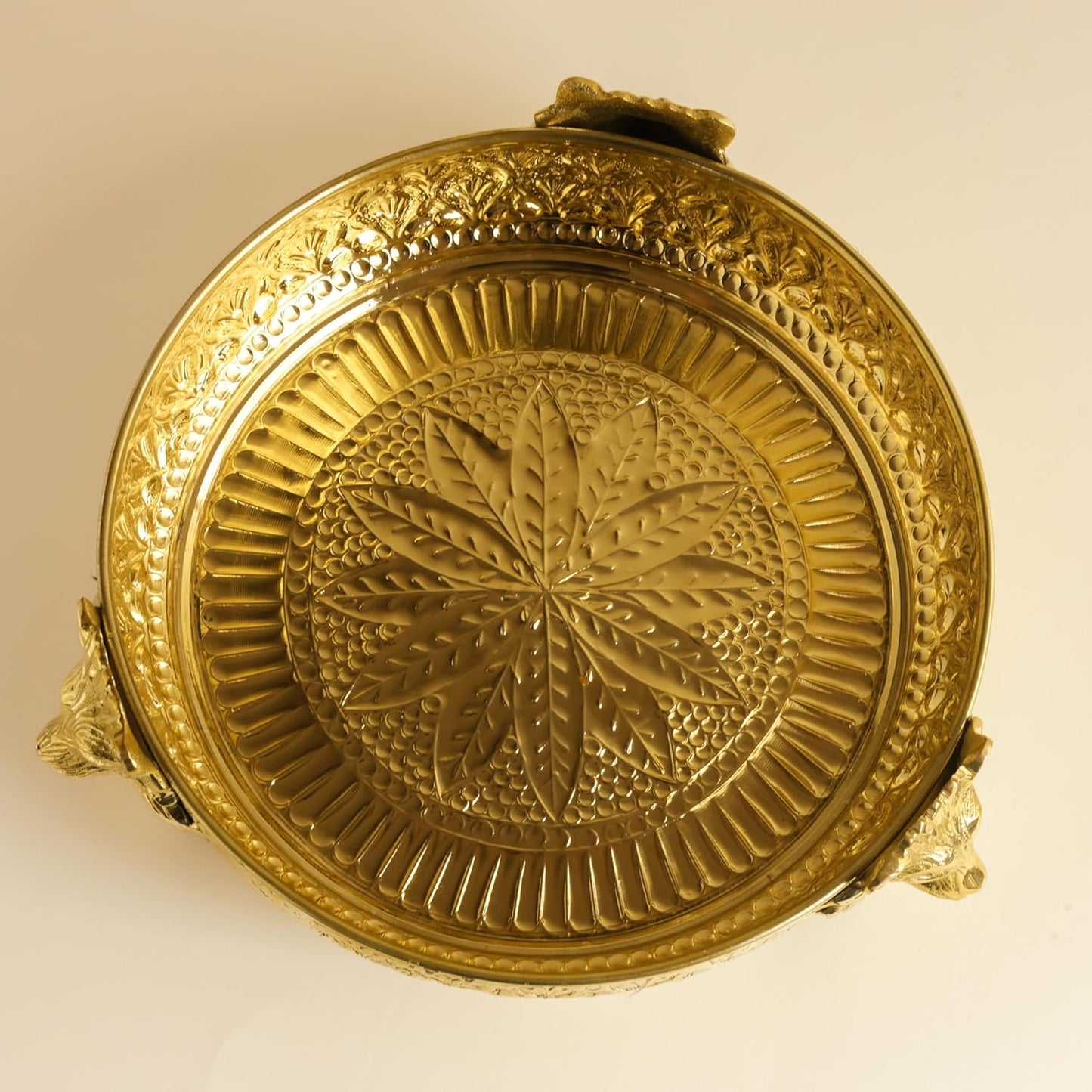 Brass Urli Bowl with Lion Design, 10 inches 750 grams   | Decorative Floating Flower Bowl for Home Decor | Handcrafted Metal Urli