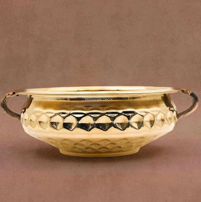 Diamond Carving Urali Bowl 8" | 470 gm Decorative Brass Bowl & Platter | Home Decor, Pooja & Gifting | Brass | Gold