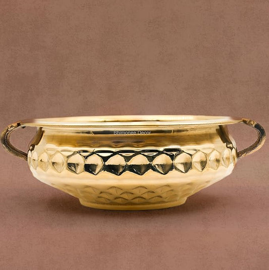 Diamond Carving Urali Bowl 8" | 470 gm Decorative Brass Bowl & Platter | Home Decor, Pooja & Gifting | Brass | Gold