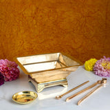 Small Havan Kund Brass Pooja Set | 17 x 17 cm, 410 gm Traditional Handcrafted Havan Patra with Stand, Spoon, Plate & Tong