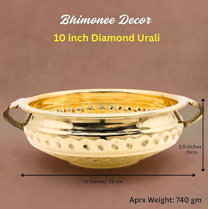 Diamond Carving Urali Bowl 10" | 740 gm Decorative Brass Bowl & Platter | Home Decor, Pooja & Gifting | Brass | Gold