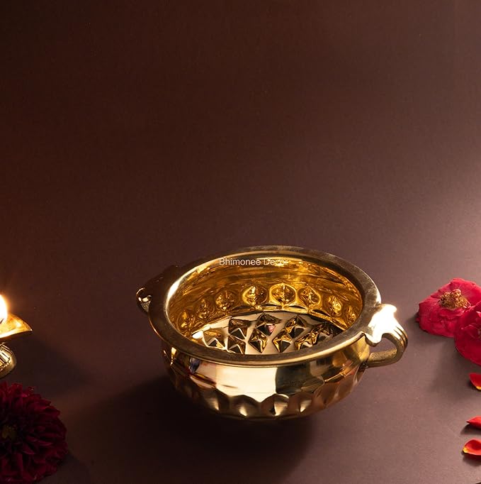Diamond Carving Urali Thali 6" | 320 gm Decorative Brass Bowl & Platter | Home Decor, Pooja & Gifting | Brass | Gold