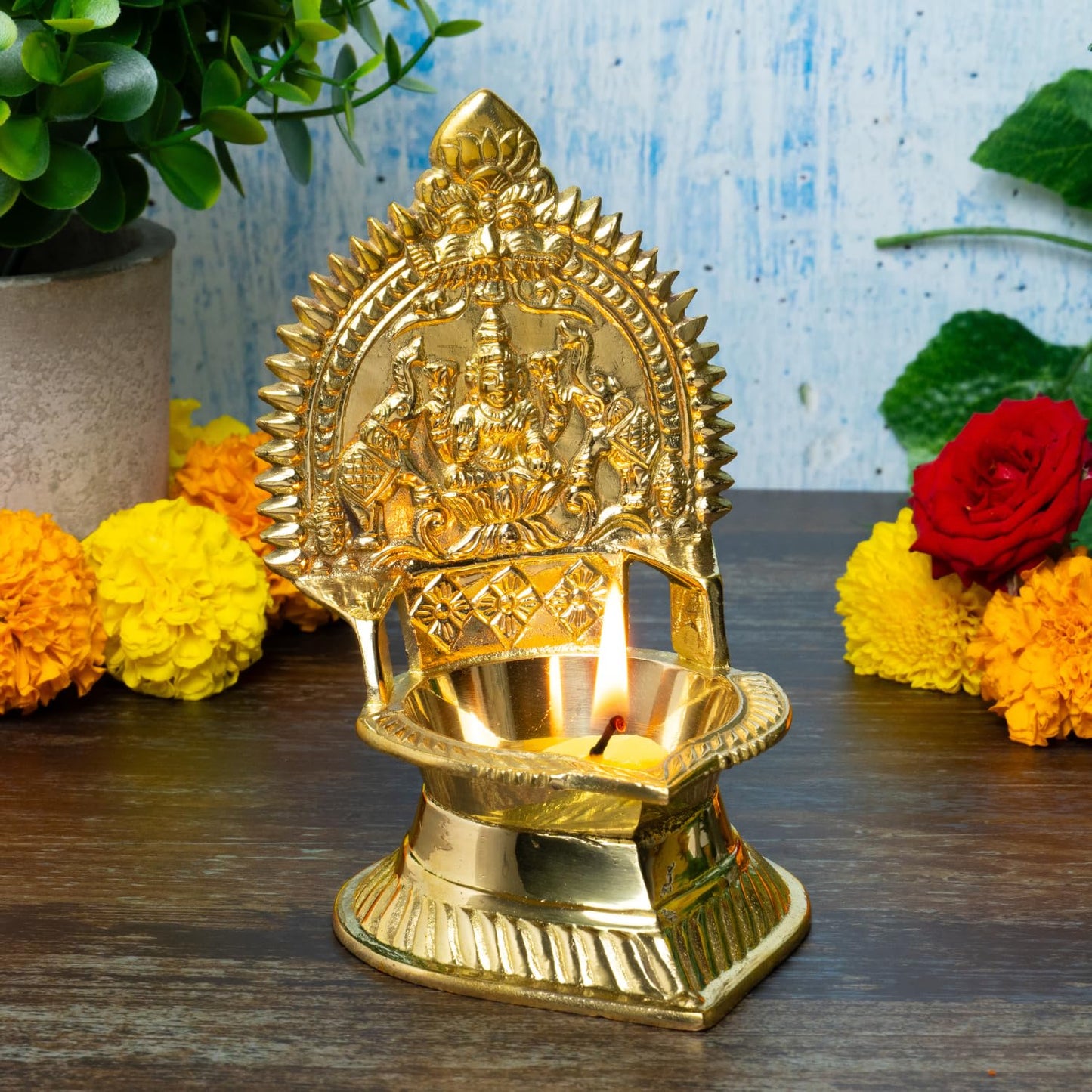 Gaja Lakshmi Kamakshi Brass Diya for Pooja | 5.75 Inch, 380g