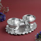 Oval Kumkum Bowl with Plate Set | Metal Haldi Kumkum Holder with Decorative Tray  | Silver Finish