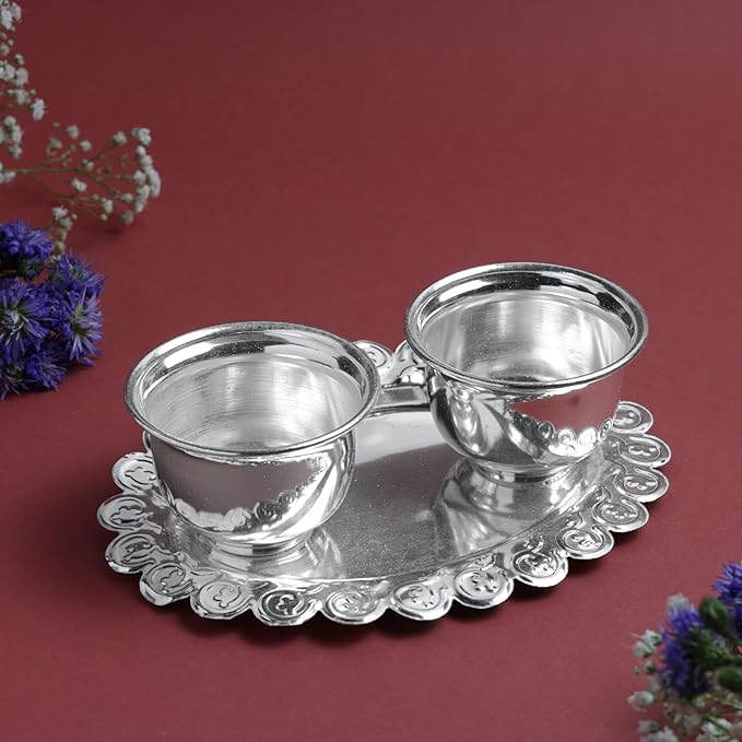 Oval Kumkum Bowl with Plate Set | Metal Haldi Kumkum Holder with Decorative Tray  | Silver Finish