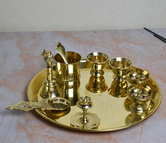 Brass Pooja Thali Set, 10-Inch Floral Design, 800 gm