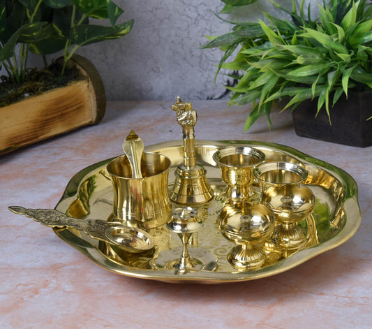 Flower Design Brass Pooja Thali Set, 10 Inches, 670 gm