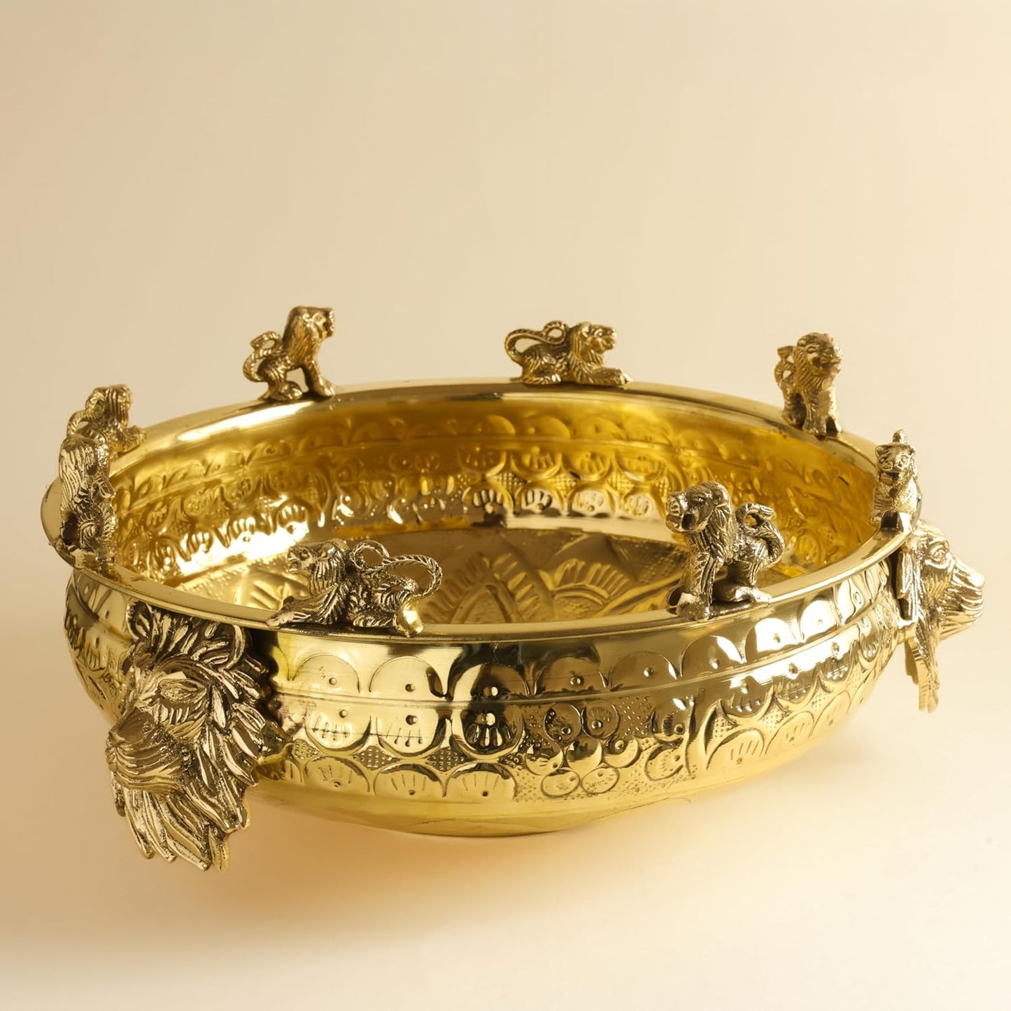 Brass Urli Bowl with Lion Design , 12 inches 1180 grams  | Decorative Floating Flower Bowl for Home Decor |  Handcrafted Metal Urli