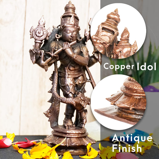 6-Inch Handmade Copper Chaturbhuj Krishna Idol | Patina Antique Finish | 675 gm | 1 Pc