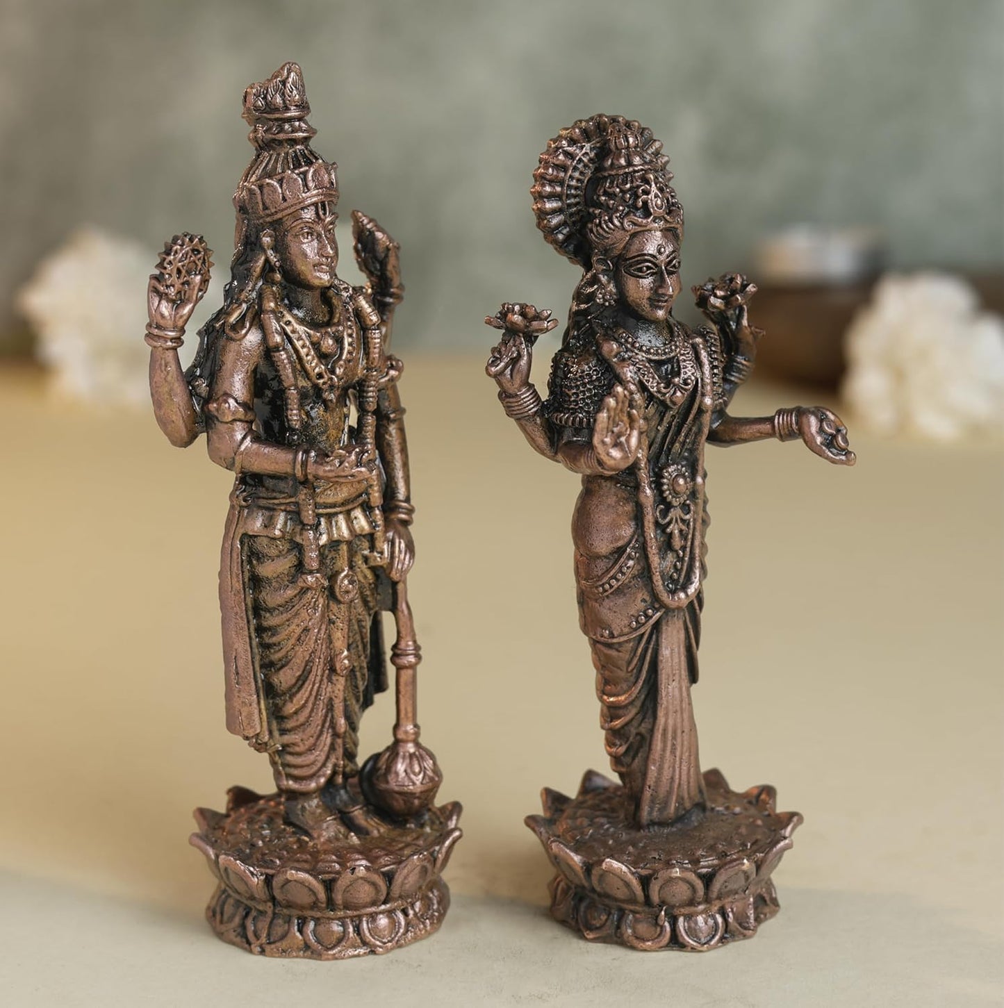 Lakshmi 11 inches & Vishnu 12 inches Idol Set 480 grams  | Antique Finish Metal God Statue for Home Temple