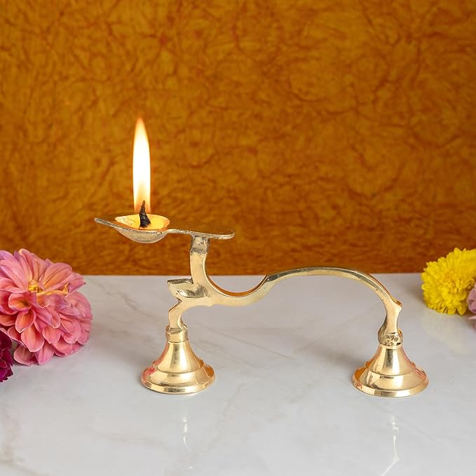 Om Shakti Brass Diya with Stand |14.5x9 cm, 220 gm Traditional Pooja Oil Lamp for Mandir & Festivals | Handcrafted Deepam with Sturdy Base | Decorative Temple Accessory
