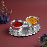 Oval Kumkum Bowl with Plate Set | Metal Haldi Kumkum Holder with Decorative Tray  | Silver Finish