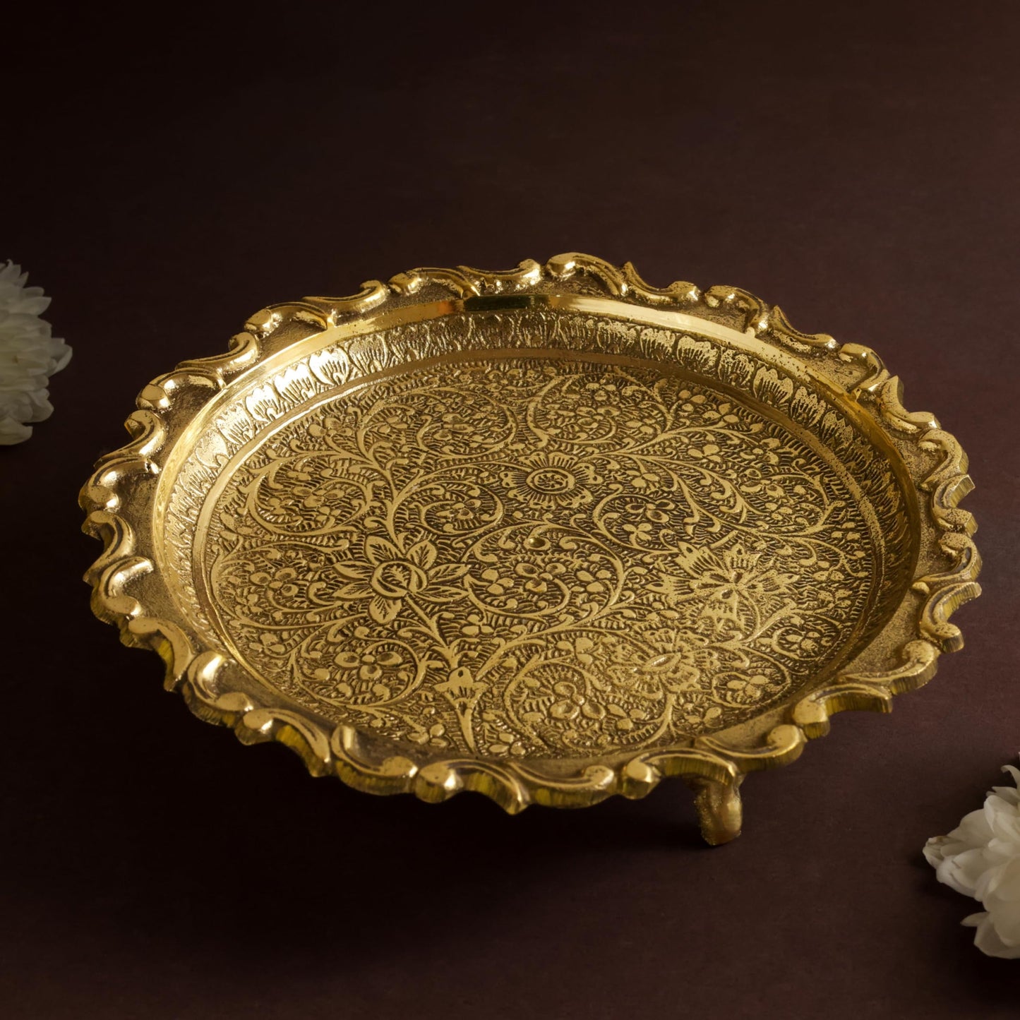 Brass Decorative Plate  | Floral Engraved Serving Plate for Diwali Pooja Gift Center Table | Handcrafted Metal