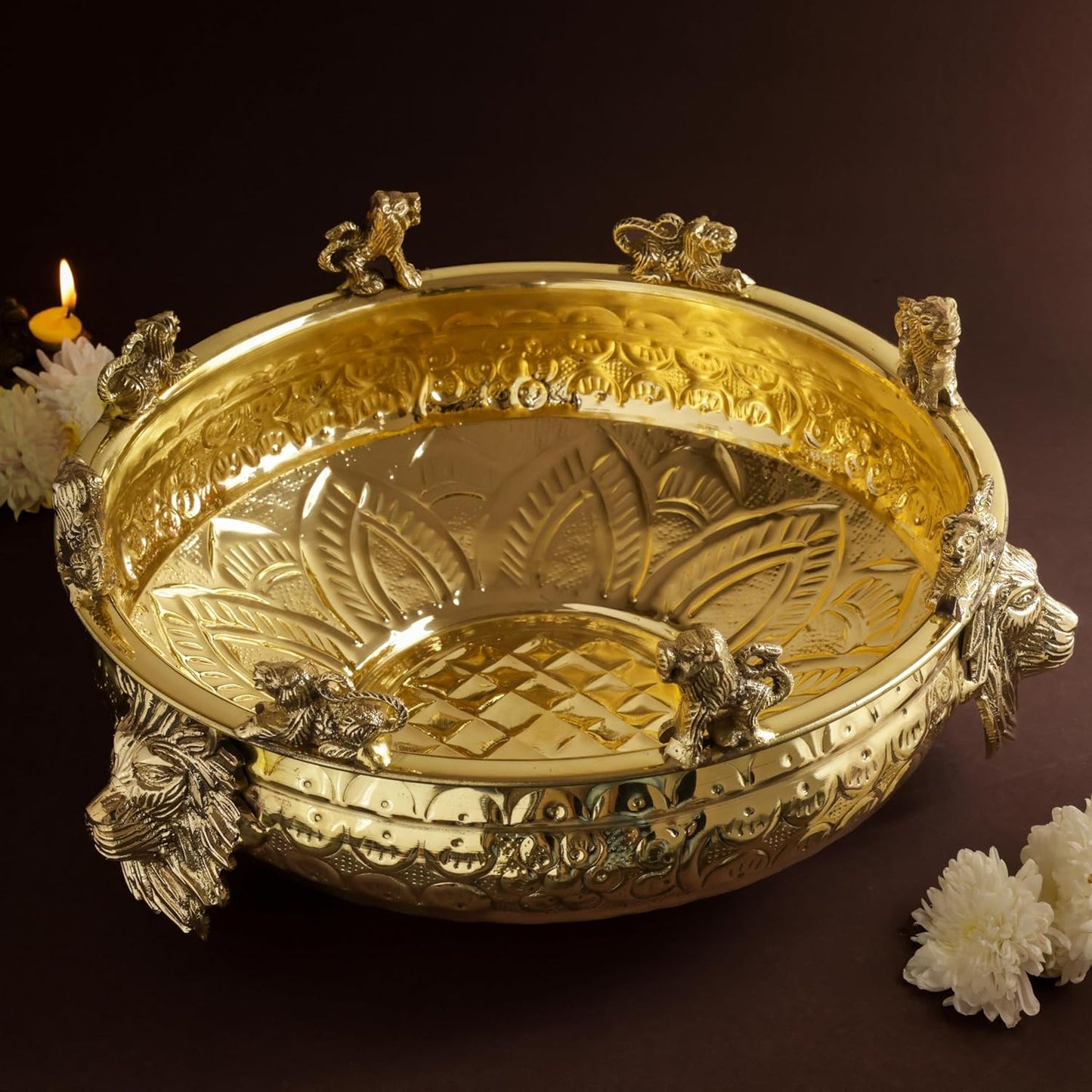 Brass Urli Bowl with Lion Design , 12 inches 1180 grams  | Decorative Floating Flower Bowl for Home Decor |  Handcrafted Metal Urli