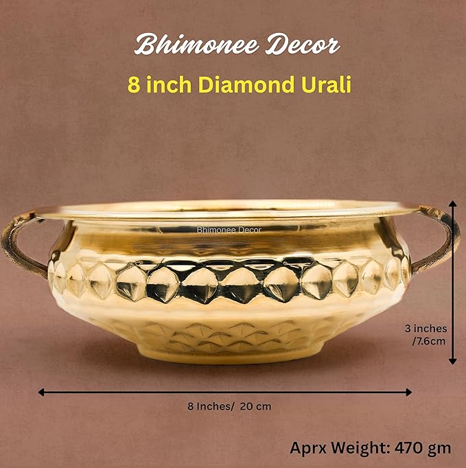 Diamond Carving Urali Bowl 8" | 470 gm Decorative Brass Bowl & Platter | Home Decor, Pooja & Gifting | Brass | Gold