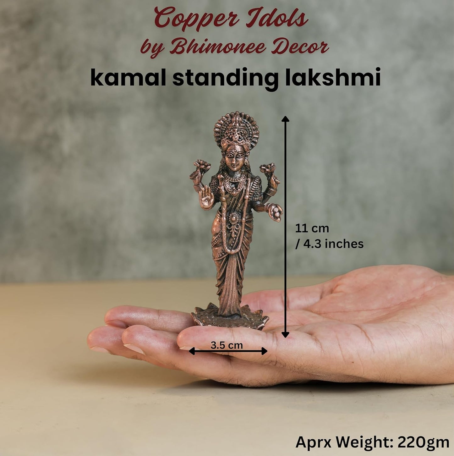 220 gm, 11 inches  Kamal Standing Lakshmi Idol | Antique Finish Metal Goddess Statue for Home Temple |