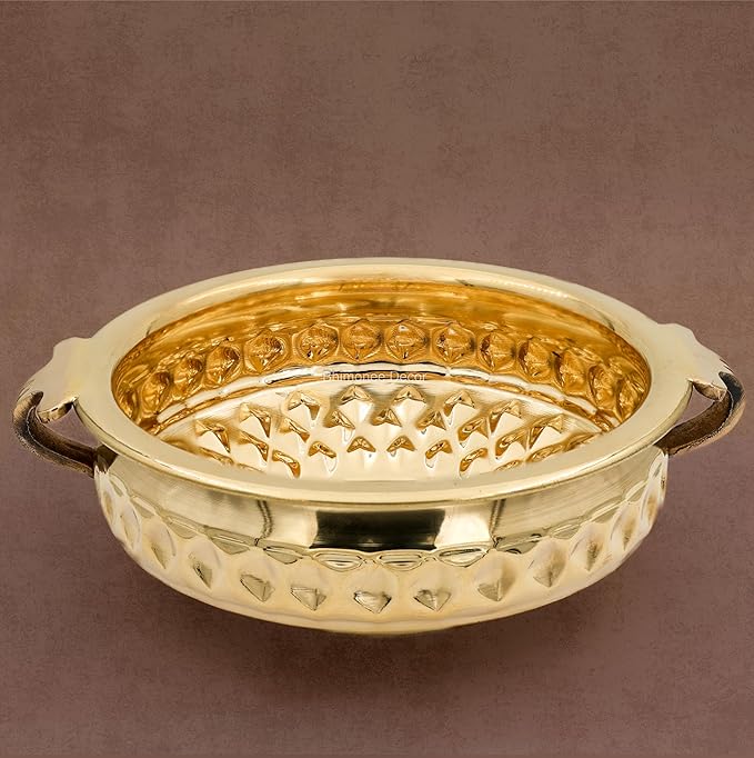 Diamond Carving Urali Bowl 8" | 470 gm Decorative Brass Bowl & Platter | Home Decor, Pooja & Gifting | Brass | Gold