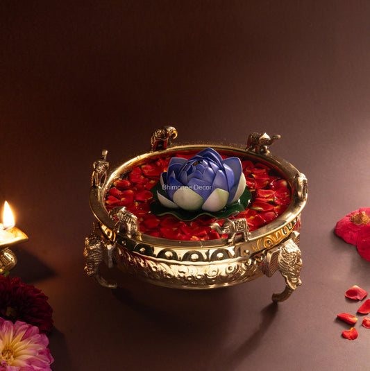 Elephant Carving Urali Bowl 8" | 800 gm Decorative Brass Bowl & Platter | Home Decor, Pooja & Gifting | Brass | Gold