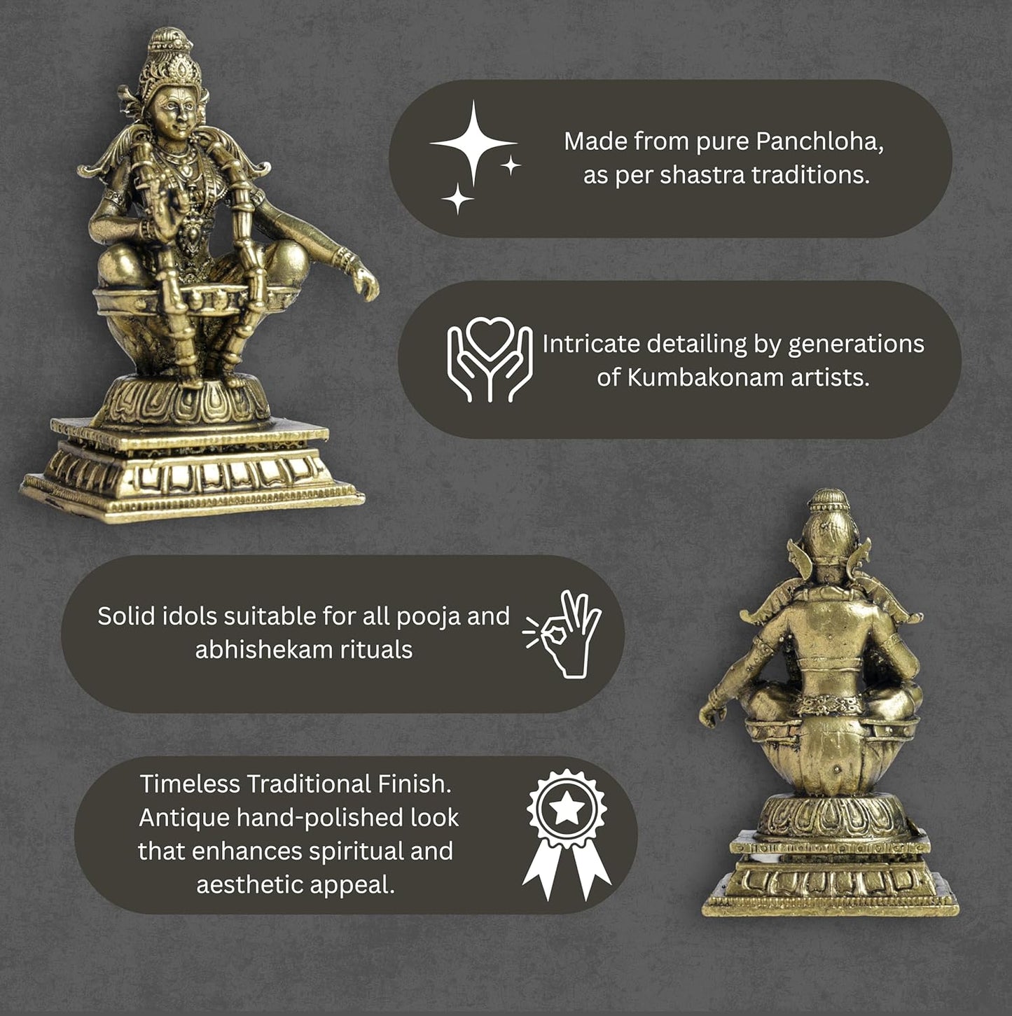 260 gm Ayyappa Panchloha Idol 8 cm Height | Solid Panchaloha God Statue