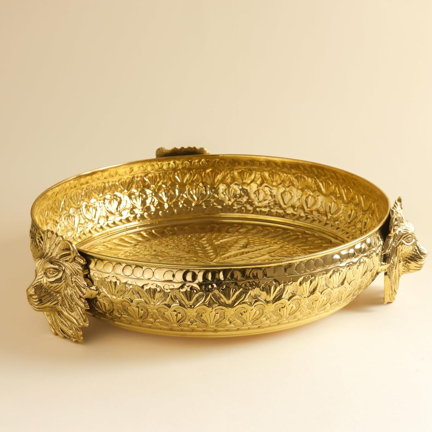 Brass Urli Bowl with Lion Design, 12 inches 1180 grams  | Decorative Floating Flower Bowl for Home Decor | |Handcrafted Metal Urli