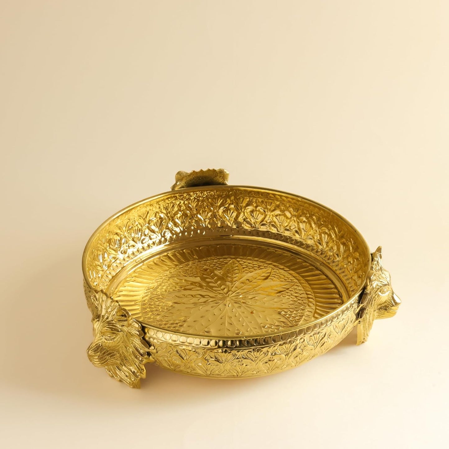 Brass Urli Bowl with Lion Design, 10 inches 750 grams   | Decorative Floating Flower Bowl for Home Decor | Handcrafted Metal Urli