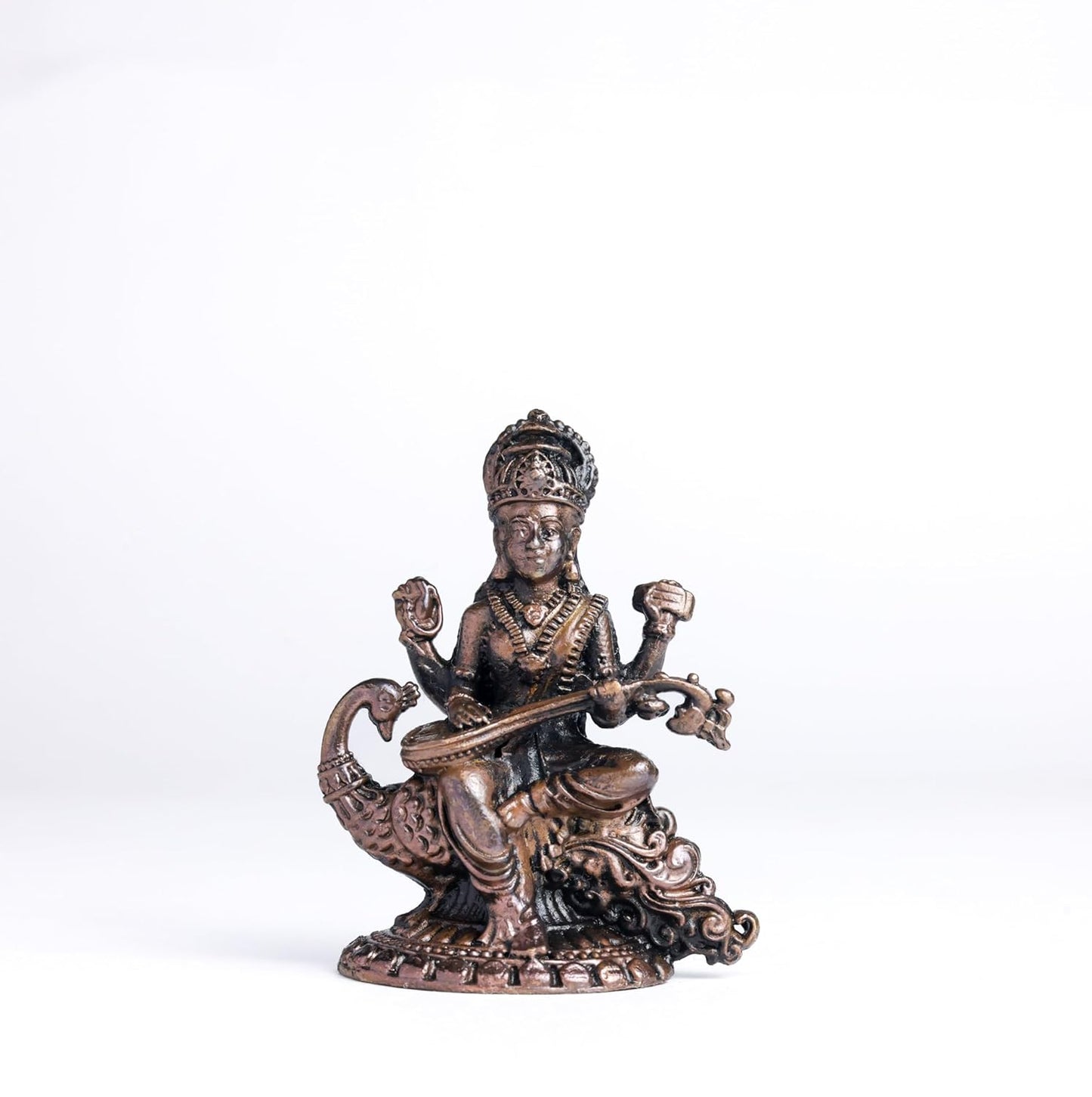 Swan Saraswati 90gm | 2-Inch Handmade Copper Idol | Patina Antique Finish | Saraswati Devi Murti for Pooja Ghar