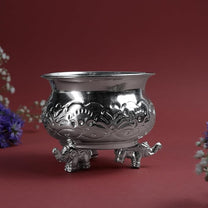 Etching Elephant Stand Deksi | Decorative Metal Pooja Bowl with Elephant Legs | Traditional Home Temple Decor | Silver finish| 3 Inch