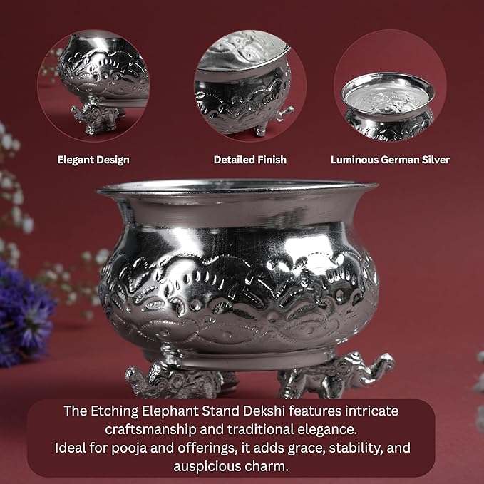 Etching Elephant Stand Deksi | Decorative Metal Pooja Bowl with Elephant Legs | Traditional Home Temple Decor | Silver finish| 3 Inch