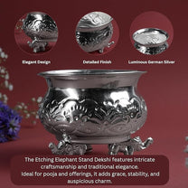 Etching Elephant Stand Deksi | Decorative Metal Pooja Bowl with Elephant Legs | Traditional Home Temple Decor | Silver finish| 3 Inch