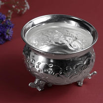 Etching Elephant Stand Deksi | Decorative Metal Pooja Bowl with Elephant Legs | Traditional Home Temple Decor | Silver finish| 3 Inch