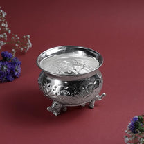 Etching Elephant Stand Deksi | Decorative Metal Pooja Bowl with Elephant Legs | Traditional Home Temple Decor | Silver finish| 3 Inch