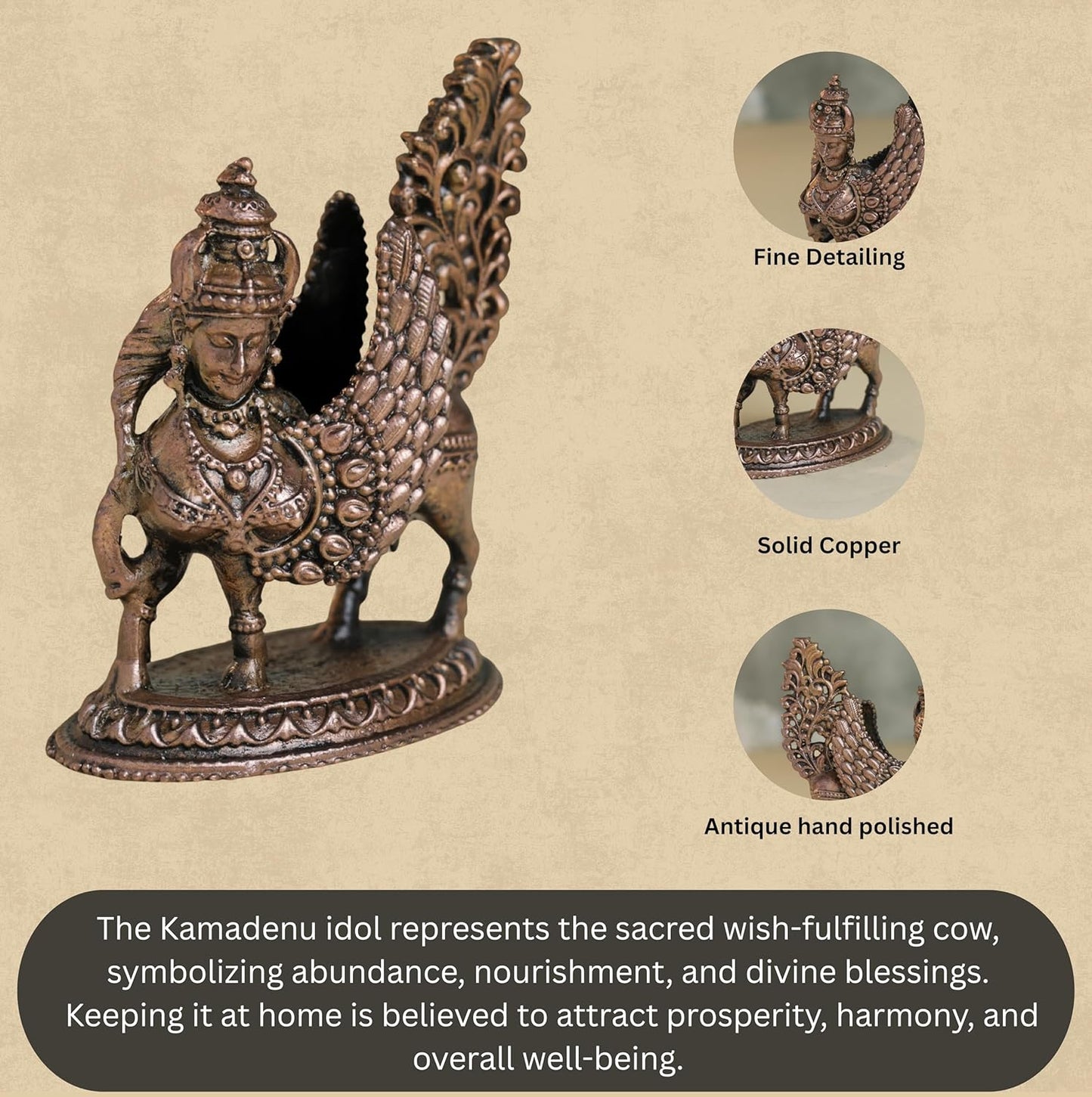 Kamadhenu Idol | 180 gm ,7 inches  Kamadhenu Murti | Antique Finish Metal Cow Statue for Home Temple |