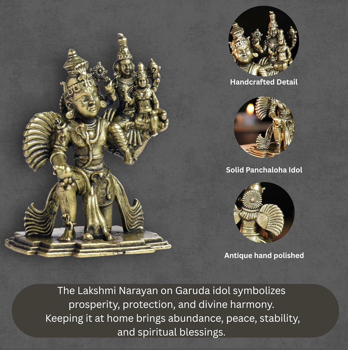 180 gm Lakshmi Narayan on Garuda panchloha | Size 8 × 6 × 5 cm | Handcrafted Traditional Hindu God Statue