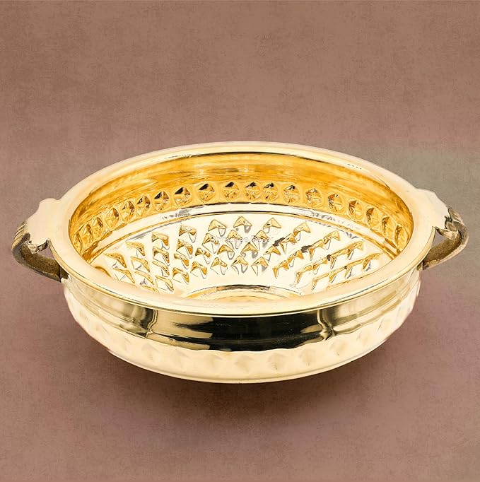 Diamond Carving Urali Bowl 10" | 740 gm Decorative Brass Bowl & Platter | Home Decor, Pooja & Gifting | Brass | Gold