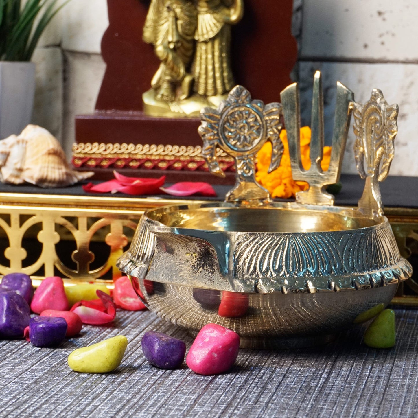 Brass Shanku Chakra Namah Kuber Deep, 4 Inches, 330 gm