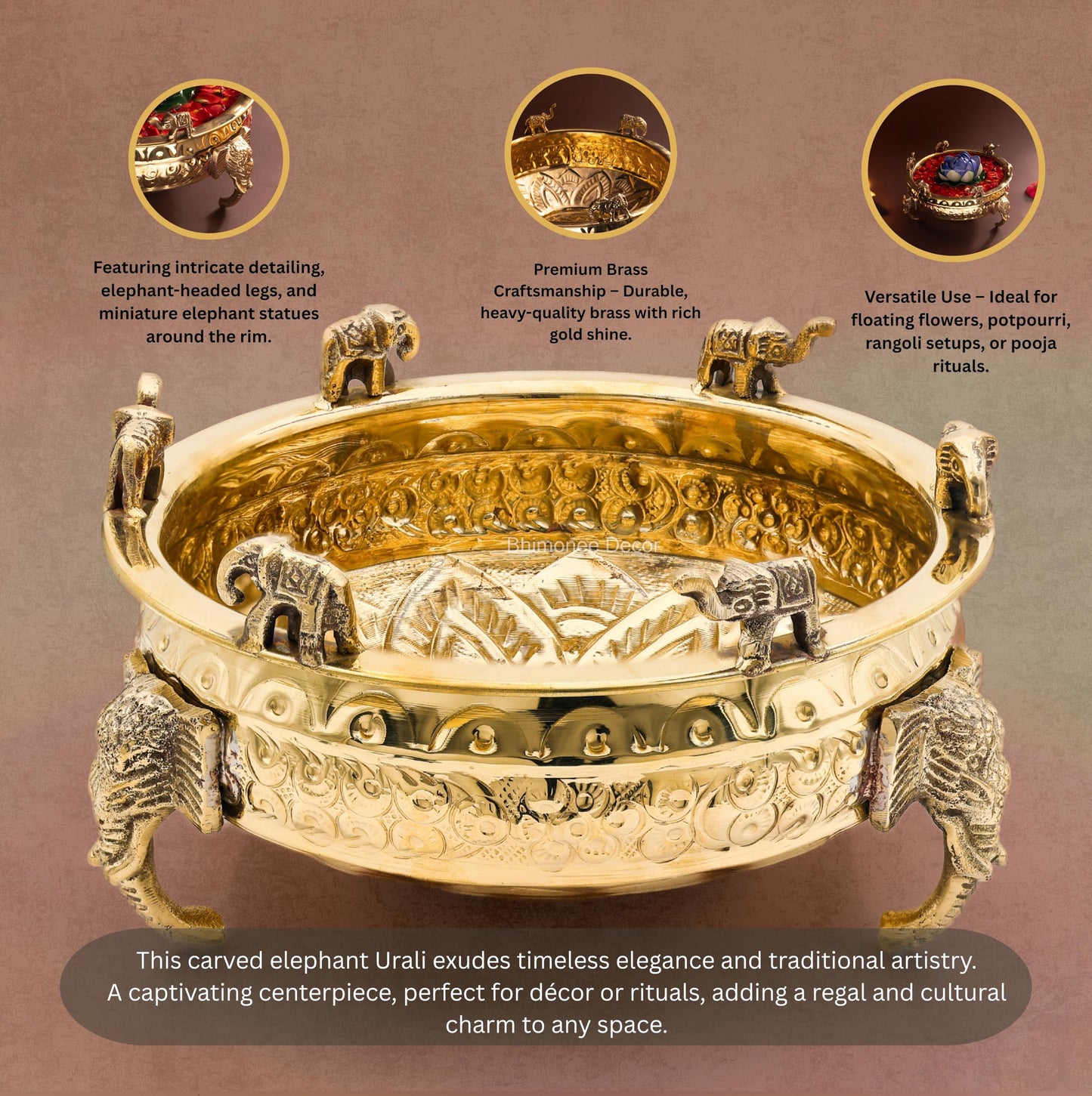 Elephant Carving Urali Bowl 8" | 800 gm Decorative Brass Bowl & Platter | Home Decor, Pooja & Gifting | Brass | Gold
