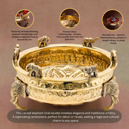 Elephant Carving Urali Bowl 8" | 800 gm Decorative Brass Bowl & Platter | Home Decor, Pooja & Gifting | Brass | Gold