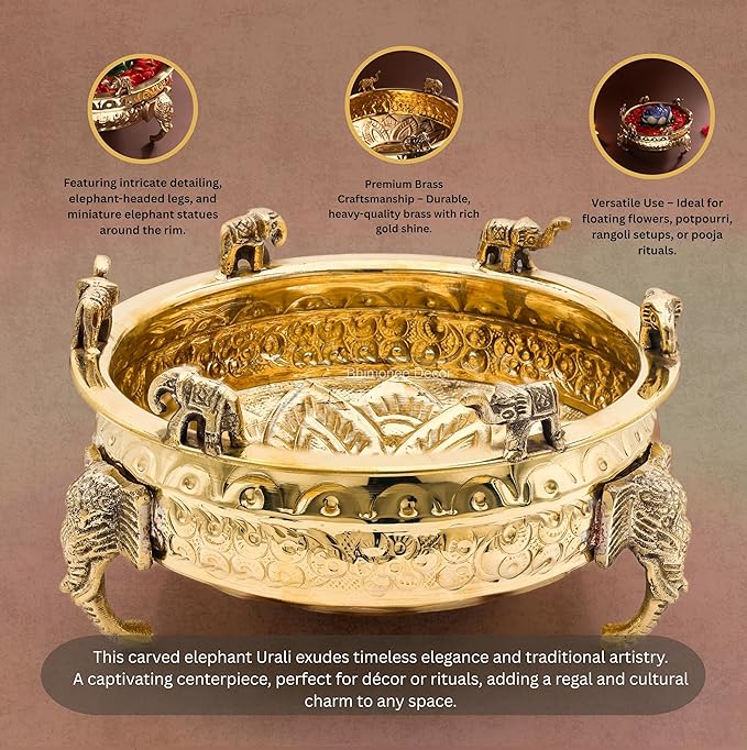 Elephant Carving Urali Bowl 8" | 800 gm Decorative Brass Bowl & Platter | Home Decor, Pooja & Gifting | Brass | Gold