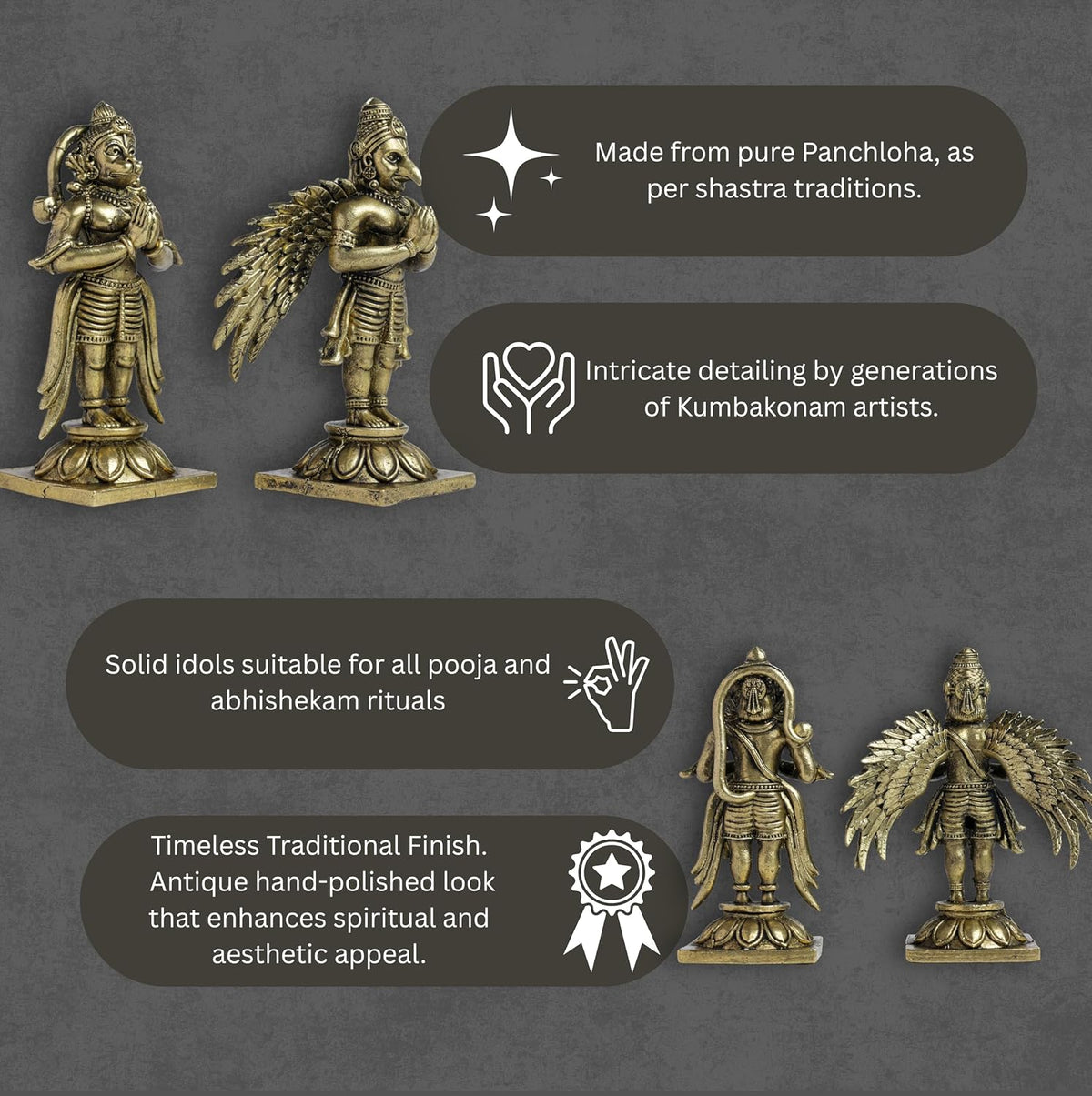 Garuda Hanuman Set Panchloha Idol | 3 inches Height | 320 Gram Handmade Traditional Hindu Religious Statue