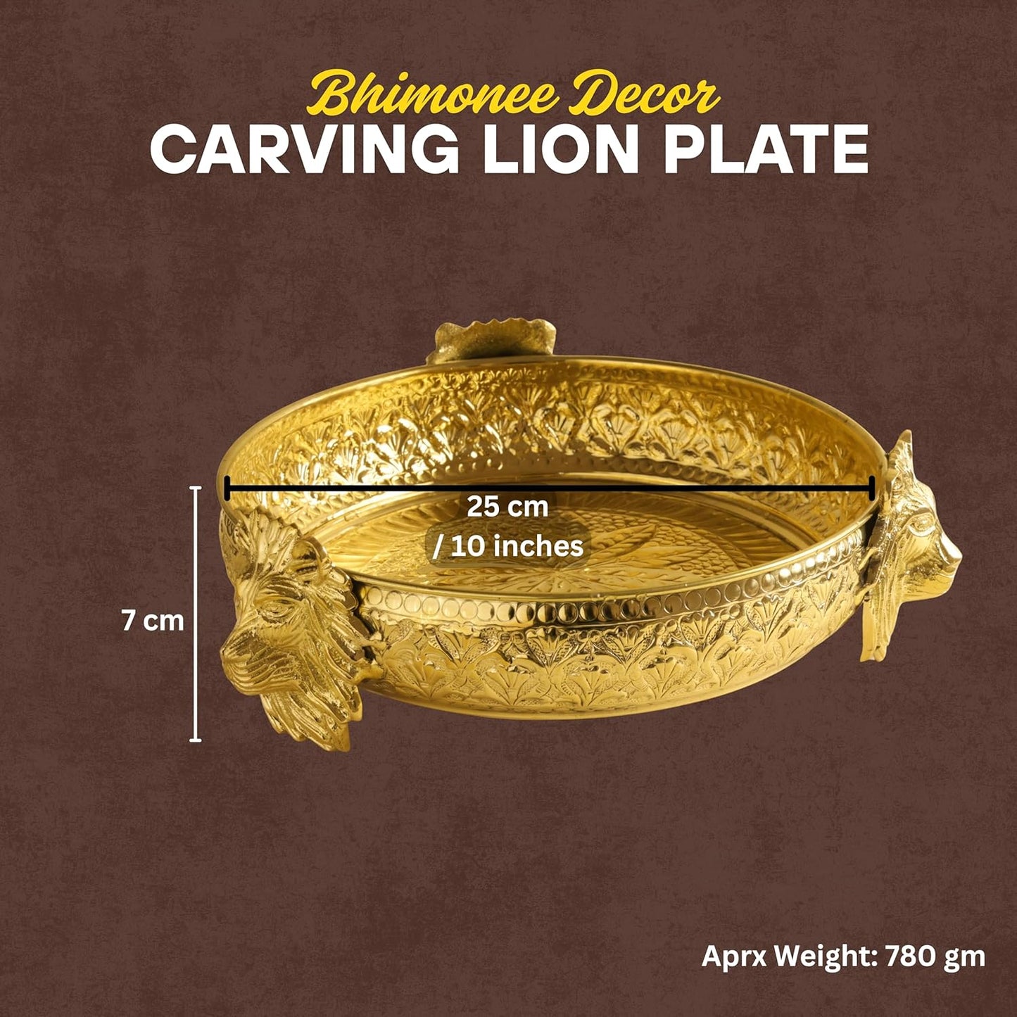 Brass Urli Bowl with Lion Design, 10 inches 750 grams   | Decorative Floating Flower Bowl for Home Decor | Handcrafted Metal Urli