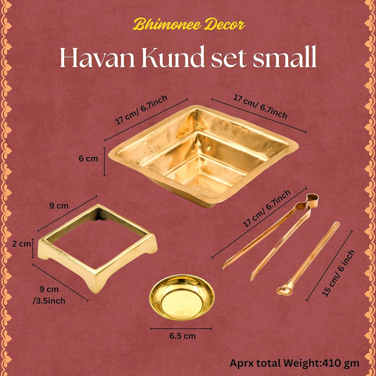 Small Havan Kund Brass Pooja Set | 17 x 17 cm, 410 gm Traditional Handcrafted Havan Patra with Stand, Spoon, Plate & Tong