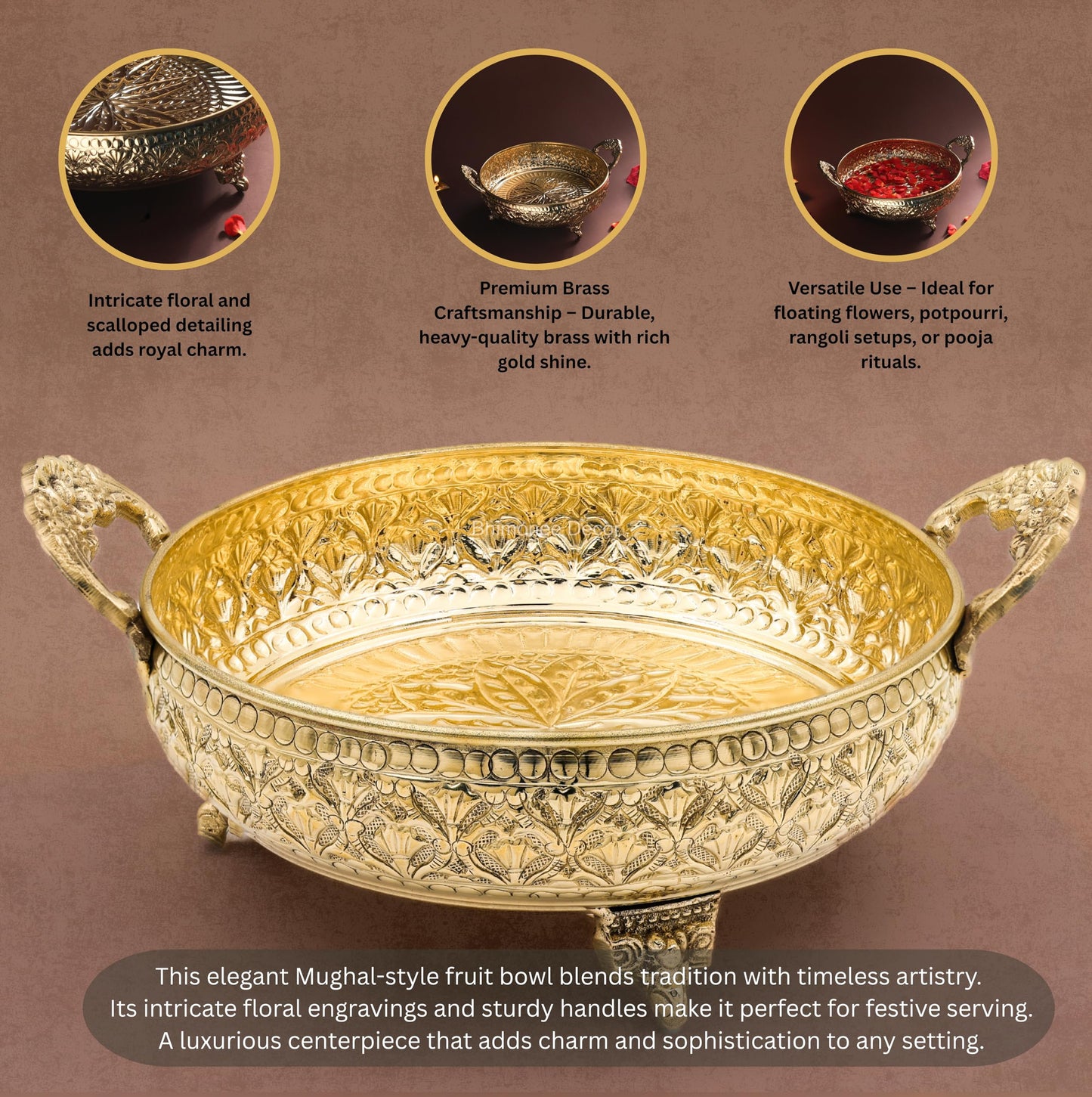 Mughal Carving Fruit Bowl Handle 8"inch | 520 gm Decorative Serving Tray & Platter
