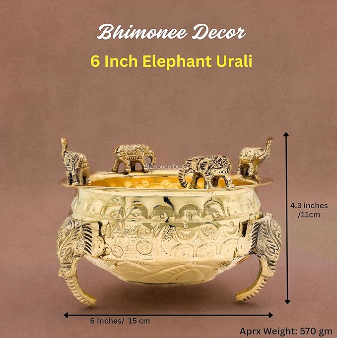 Elephant Carving Urali Bowl 6" | 570 gm Decorative Brass Bowl & Platter | Home Decor, Pooja & Gifting | Brass | Gold