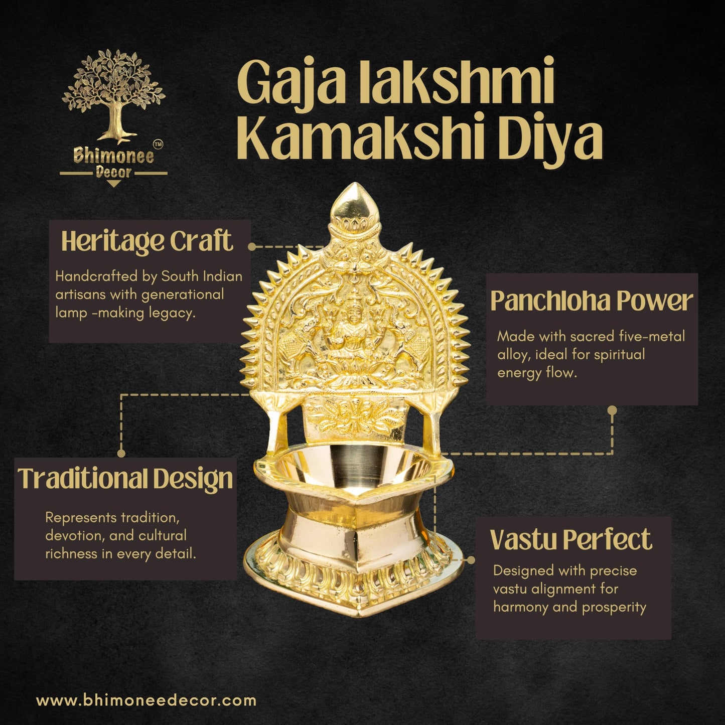 Gaja Lakshmi Kamakshi Brass Diya for Pooja | 7 Inch, 620g