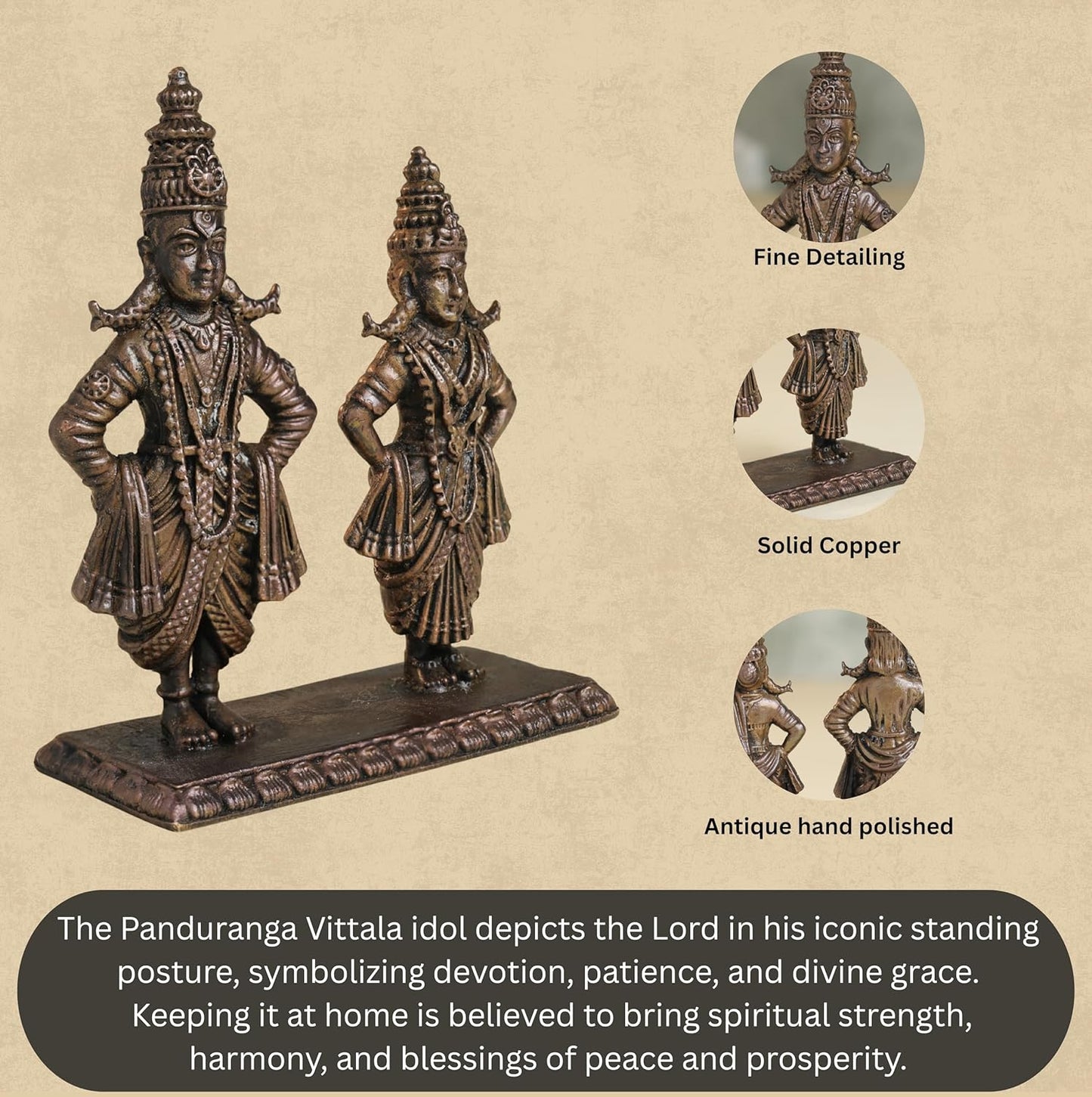 Panduranga Vittala Idol | 200 gm Brass ,8 inches Finish God Statue | Vitthal Rukmini Murti for Home Temple.