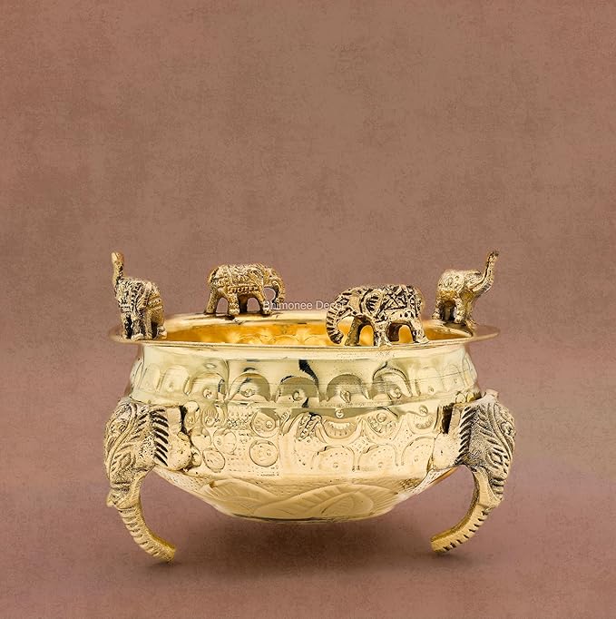 Elephant Carving Urali Bowl 6" | 570 gm Decorative Brass Bowl & Platter | Home Decor, Pooja & Gifting | Brass | Gold