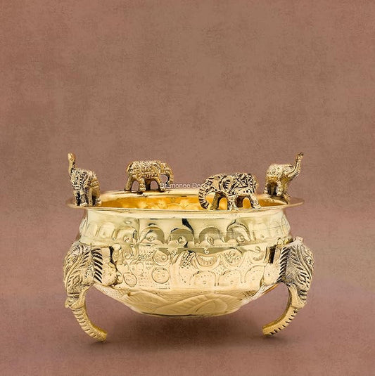 Elephant Carving Urali Bowl 6" | 570 gm Decorative Brass Bowl & Platter | Home Decor, Pooja & Gifting | Brass | Gold