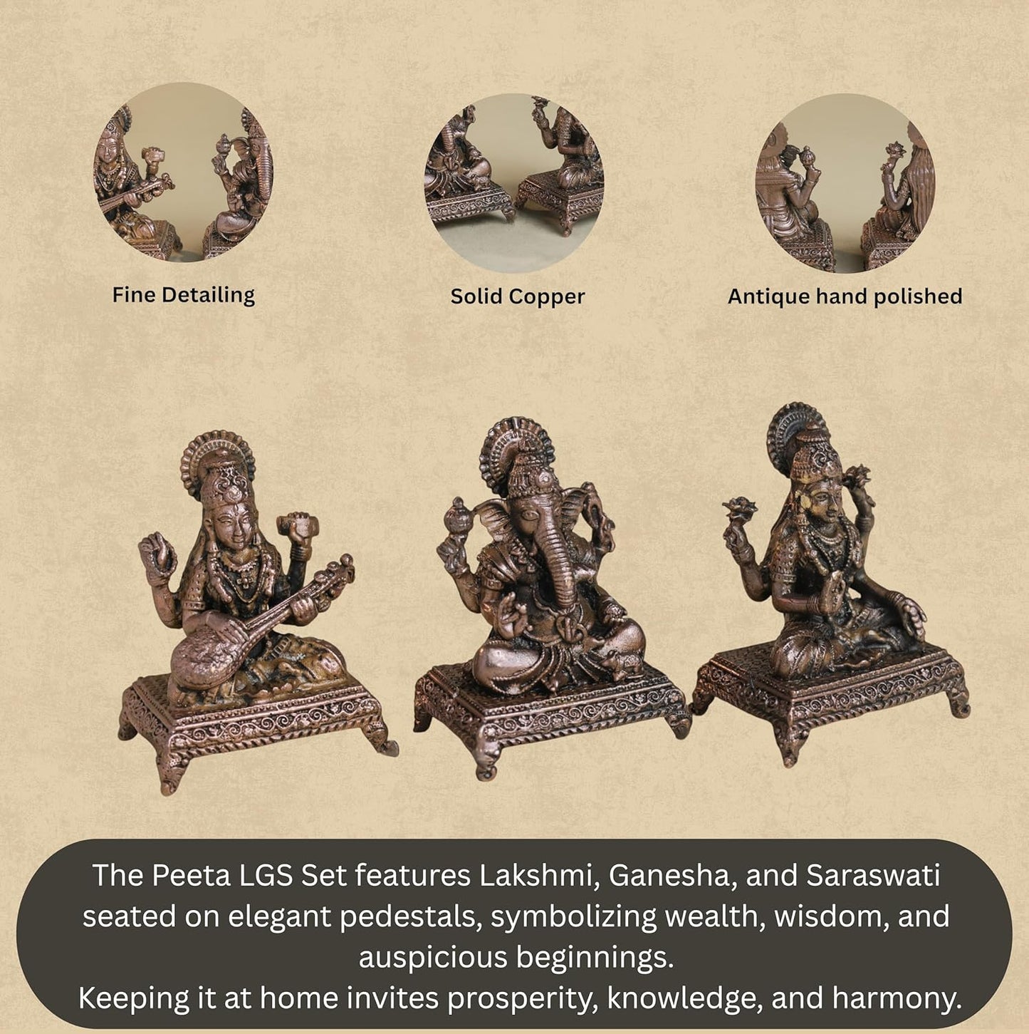 Peeta Lakshmi Ganesha Saraswati Idol Set | 180 gm,5 inches Brass Finish LGS Murti Combo