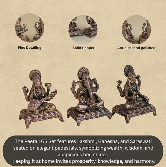 Peeta Lakshmi Ganesha Saraswati Idol Set | 180 gm,5 inches Brass Finish LGS Murti Combo