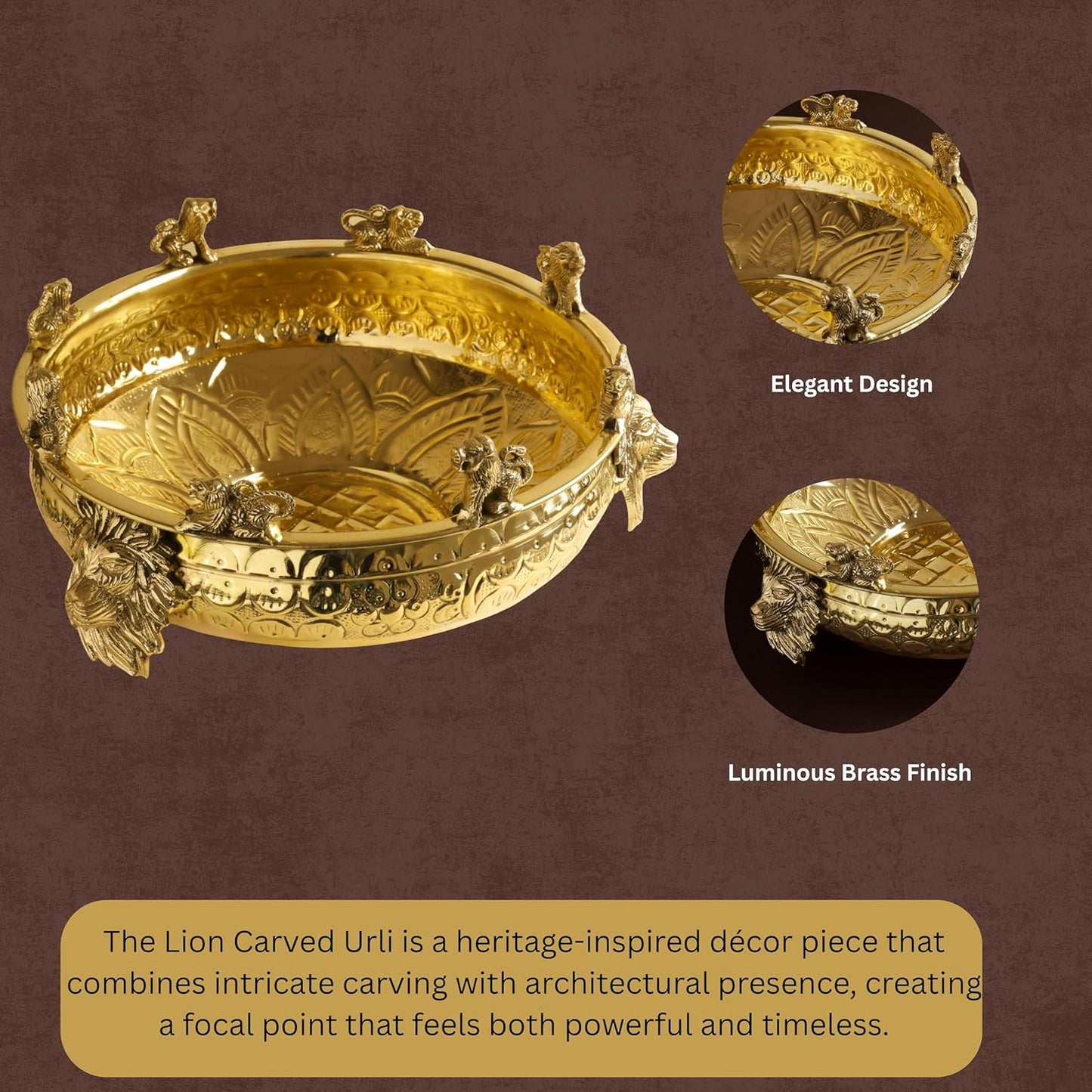 Brass Urli Bowl with Lion Design , 12 inches 1180 grams  | Decorative Floating Flower Bowl for Home Decor |  Handcrafted Metal Urli